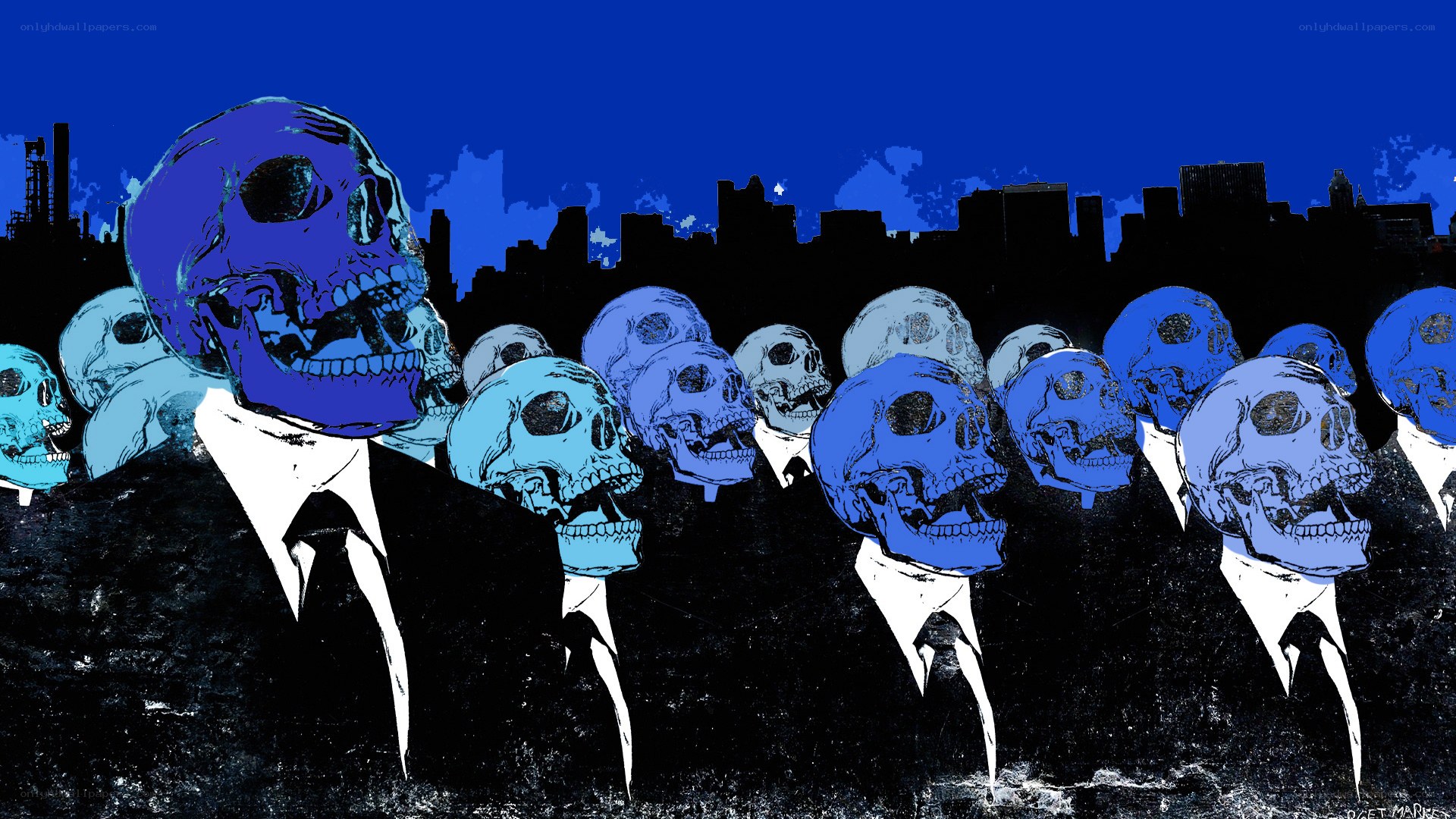 skulls in suits cityscape