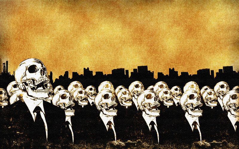 skulls in suits cityscape