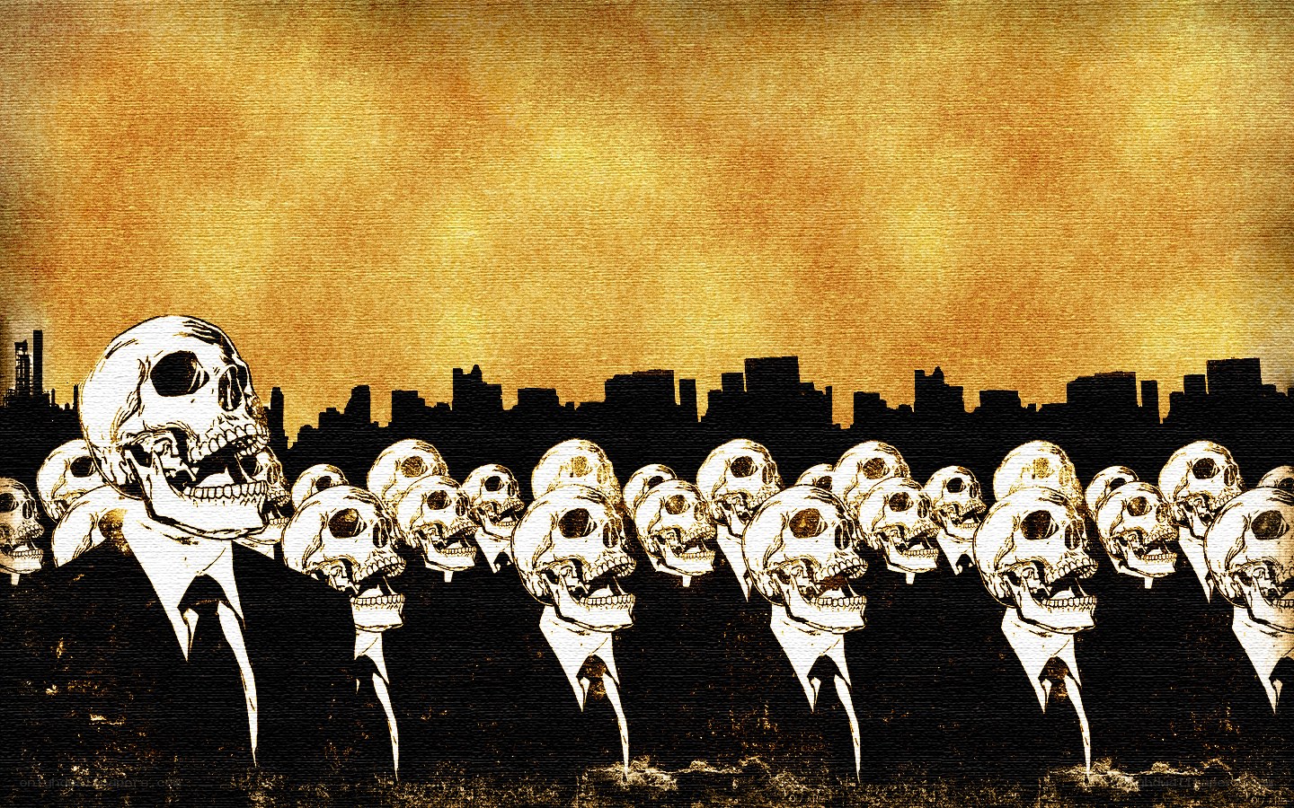 skulls in suits cityscape