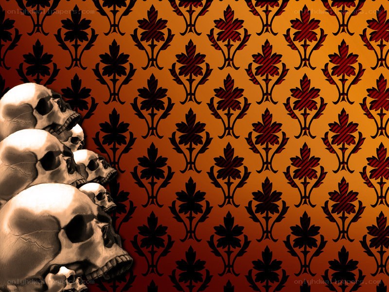 skulls on patterned wallpaper