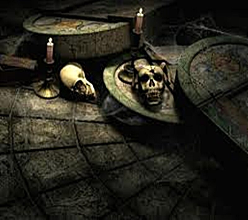 skulls on stone table