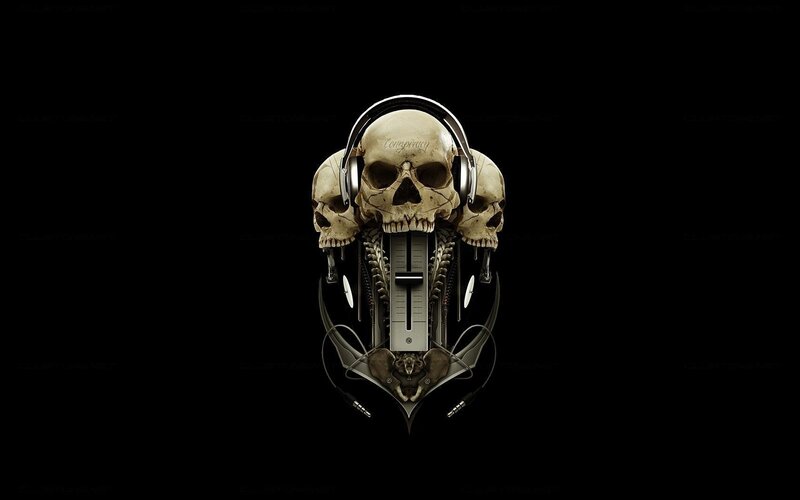 skulls with headphones and mixer