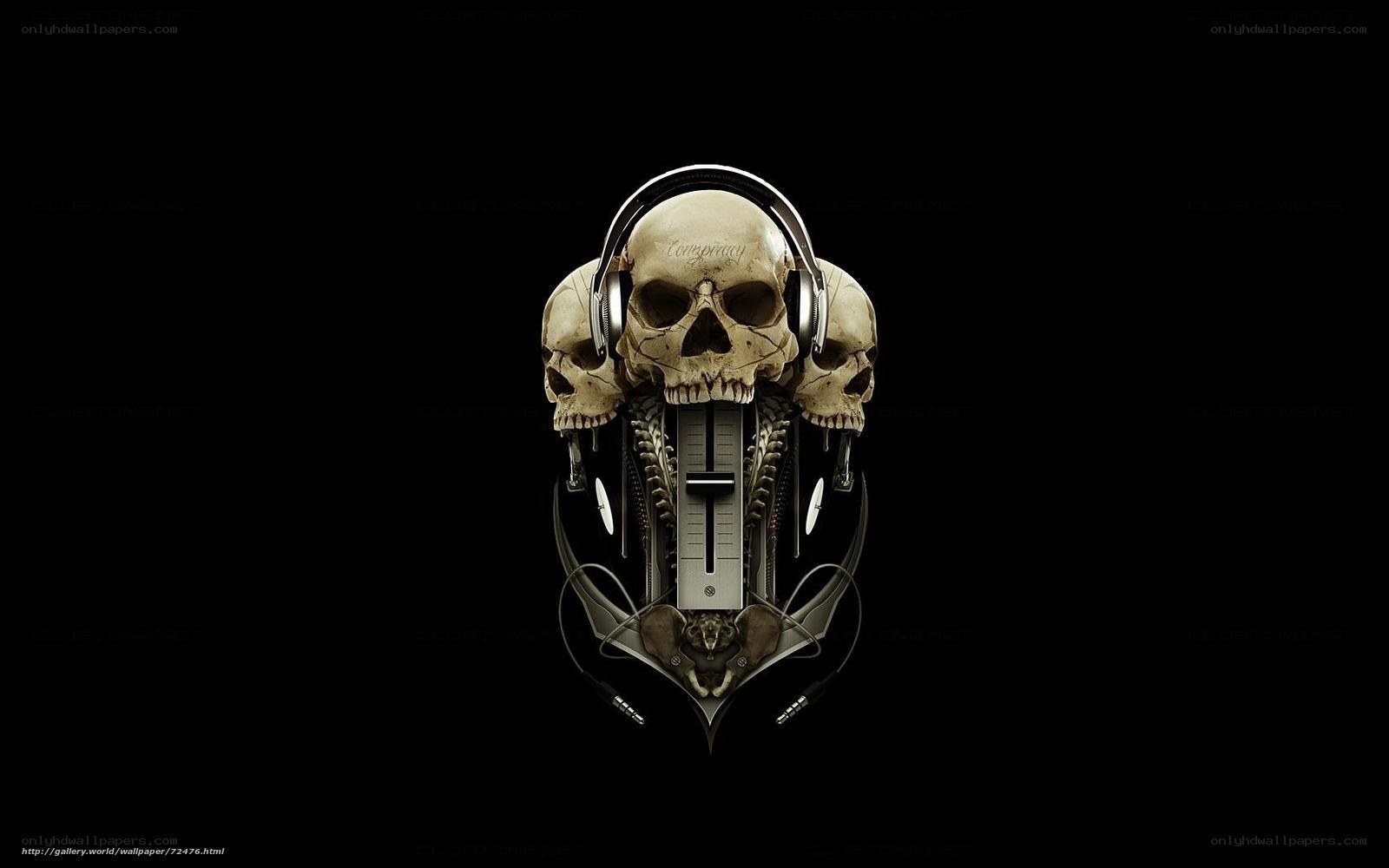 Skulls with headphones and mixer