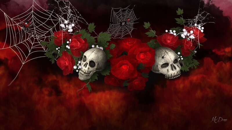 Skulls with Red Roses — Dark, Digital Art