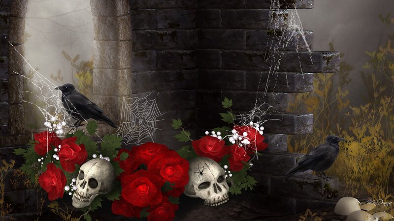 Skulls with Red Roses — Dark