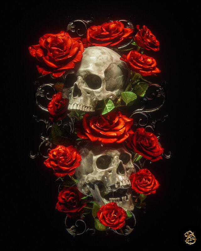 Skulls with Red Roses — Dramatic