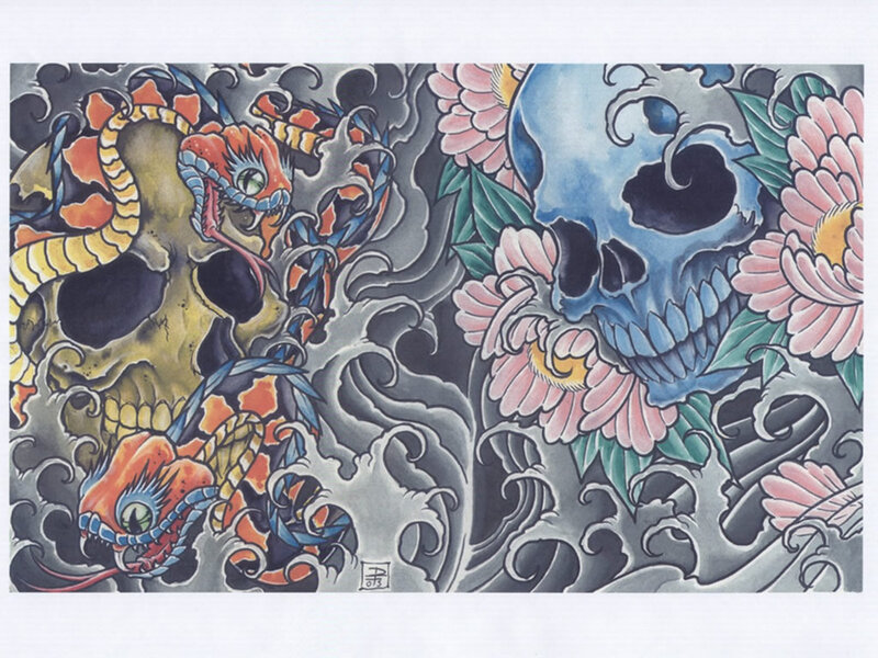 Skulls with Snakes and Flowers — Blue