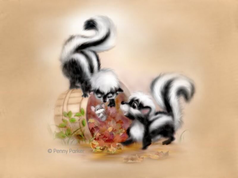 Skunk Family in Autumn