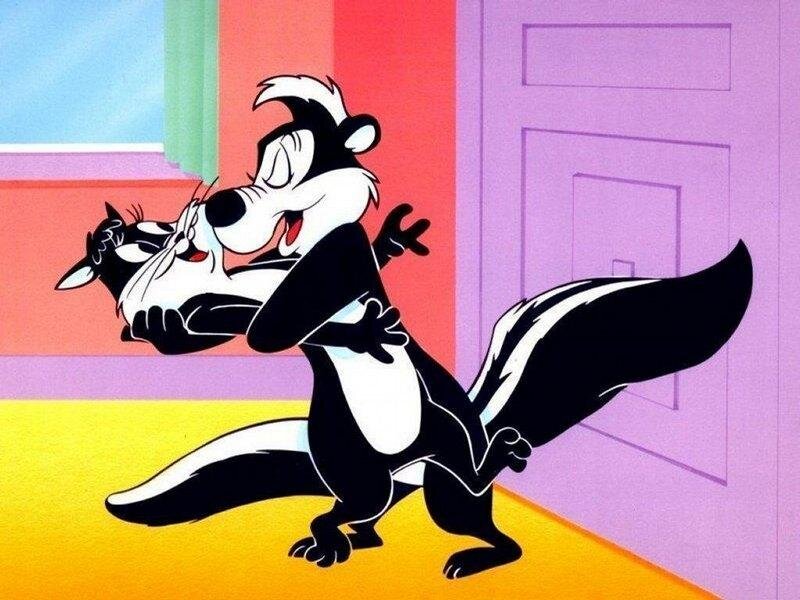 Skunk Holding Cat — Yellow