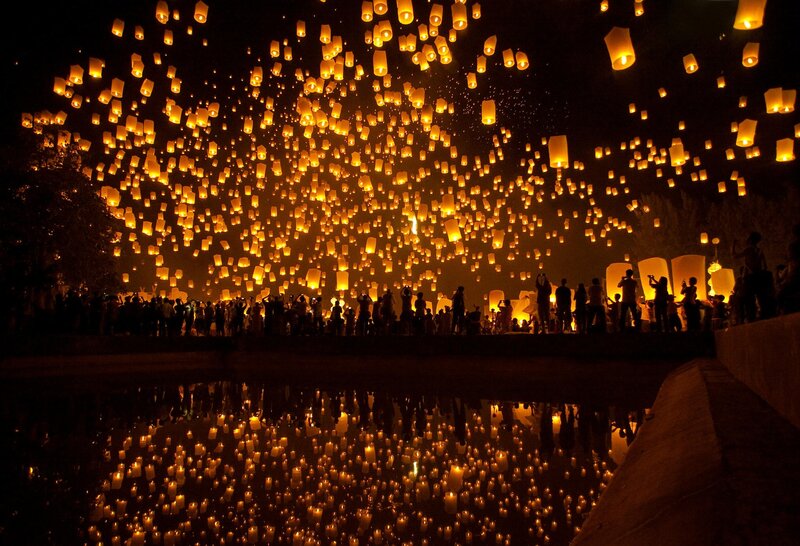 Sky Lanterns at Night — Black, Celebratory