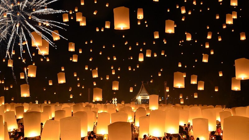 Sky Lanterns at Night — Black, Festive