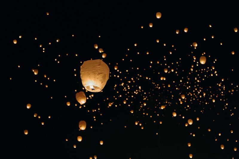 Sky Lanterns at Night — Black, Serene, Photograph, Night Sky