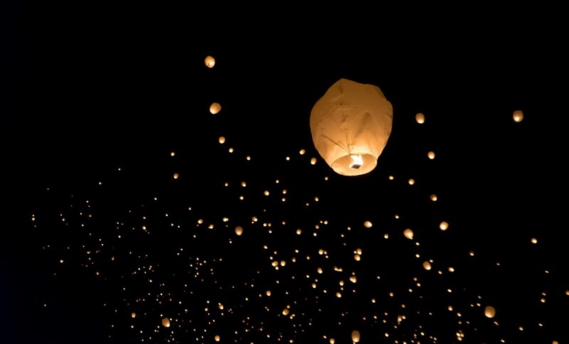 Sky Lanterns at Night — Black, Serene, Photograph