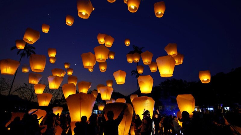 Sky Lanterns at Night — Orange, Serene, Photograph, Crowd
