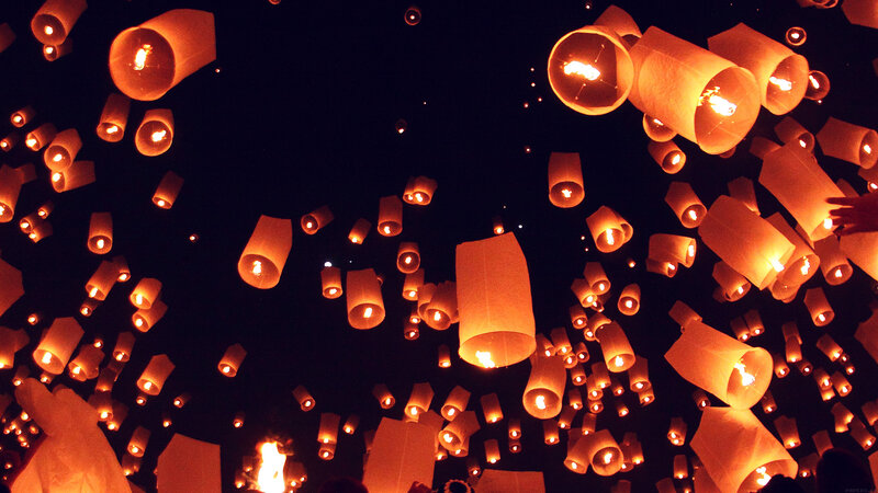 Sky Lanterns at Night — Orange, Serene, Photograph