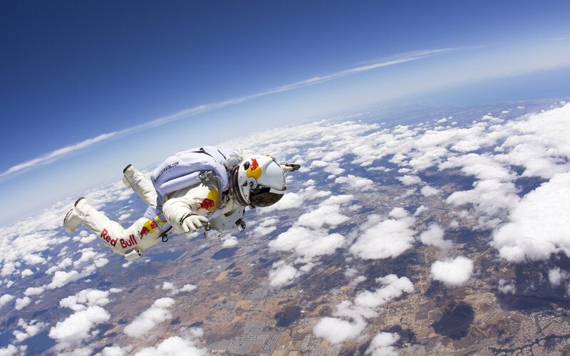 skydiver in Red Bull suit