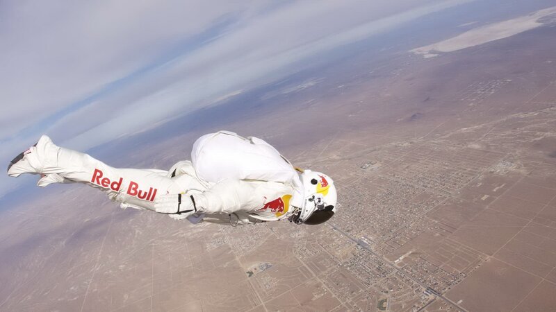 skydiver in Red Bull suit