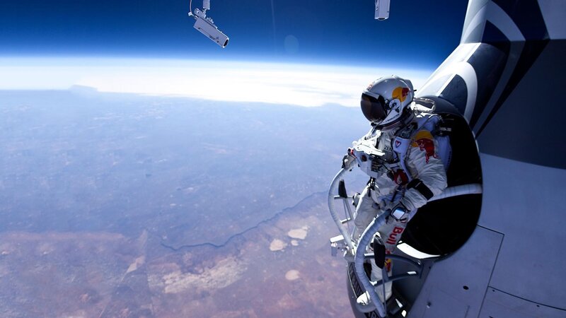 Skydiver in Space Suit — Blue, Dramatic, Photograph, Spacecraft