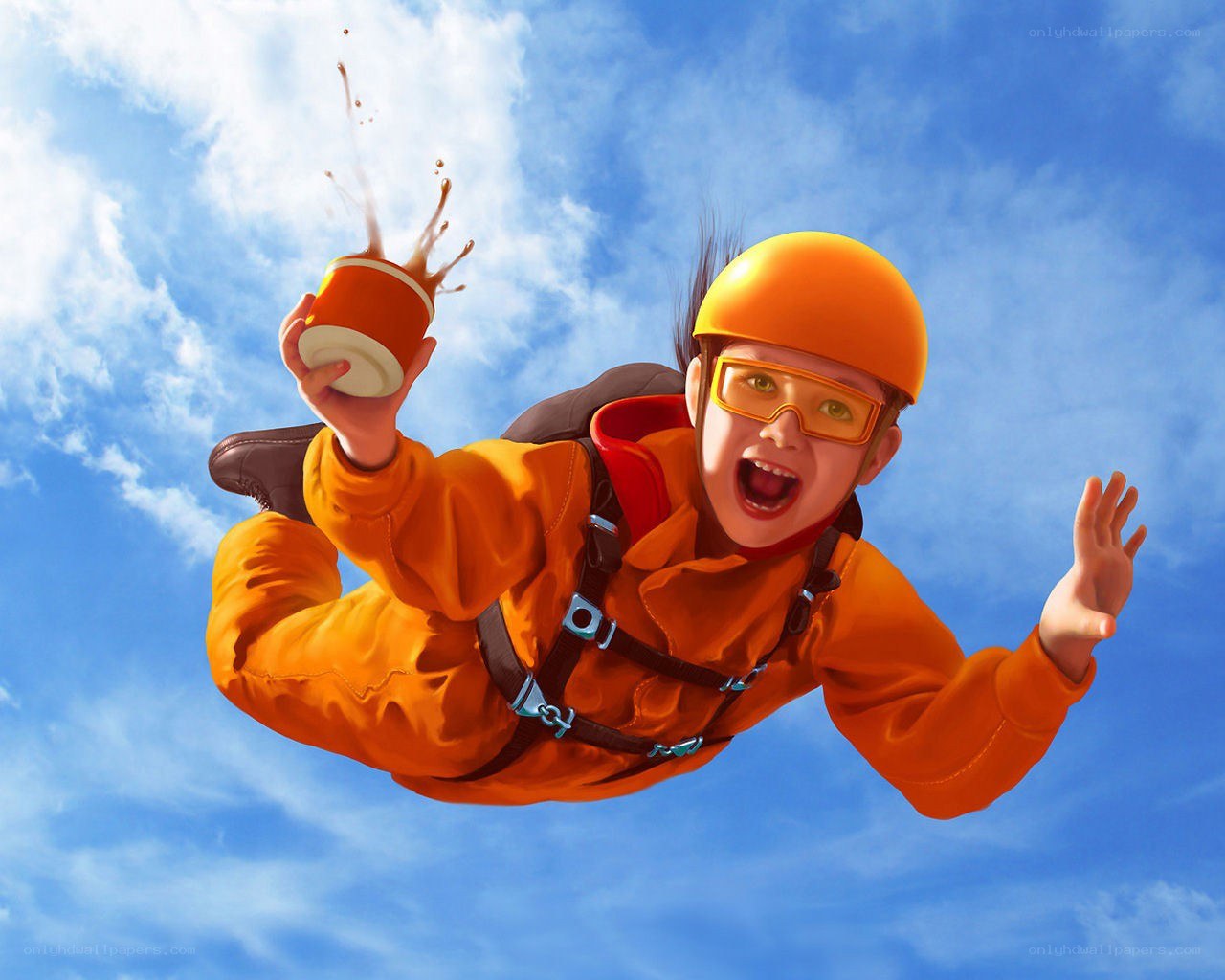 Skydiver with coffee cup