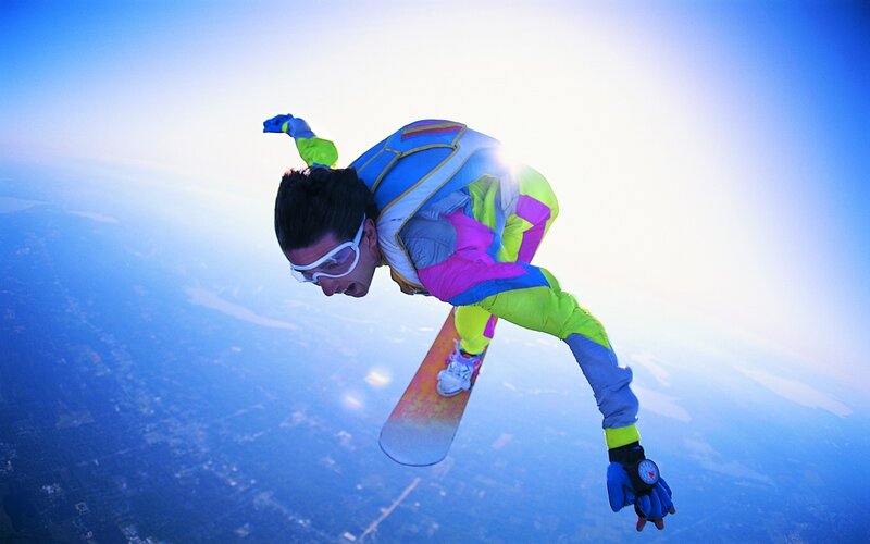 Skydiver with Snowboard — Blue, Dramatic, Afternoon