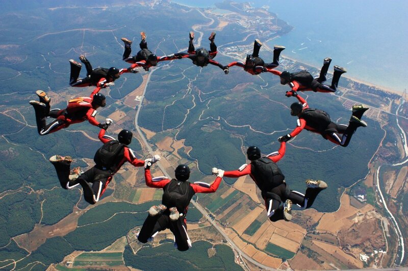 Skydivers forming a circle