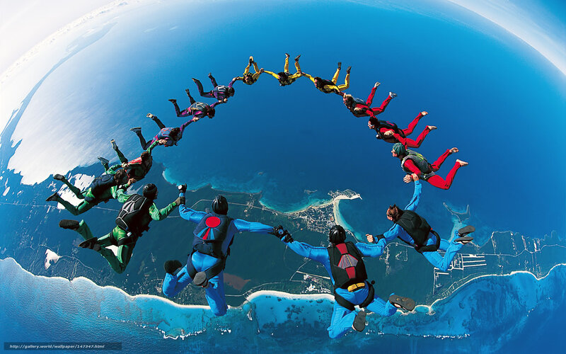 Skydivers Forming Circle — Blue, Dramatic, Afternoon, Photograph