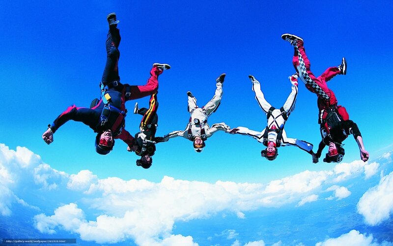 Skydivers in Formation — Blue, Adventurous, Afternoon, Photograph, Clouds