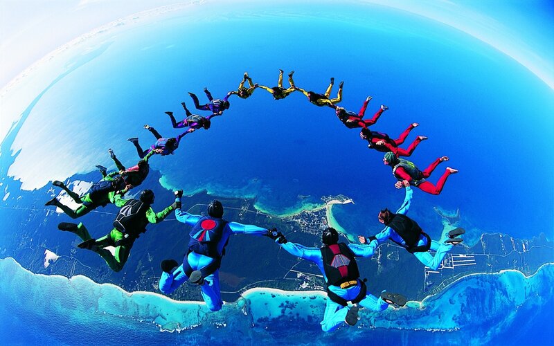 Skydivers in Formation — Blue, Adventurous, Afternoon, Photograph