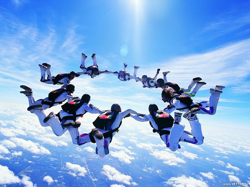 Skydivers in Formation — Blue, Dynamic, Afternoon, Photograph, Clouds