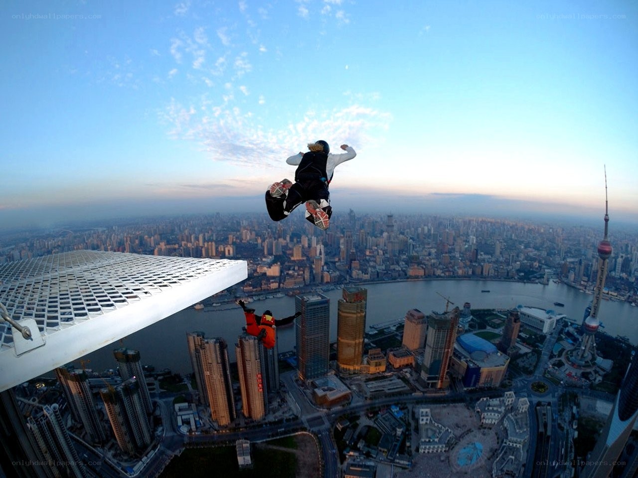 Skydivers over Shanghai