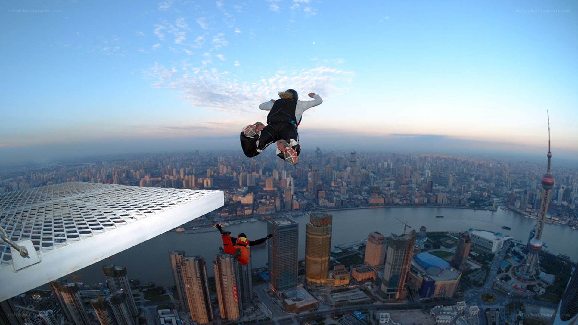 Skydivers over Shanghai city