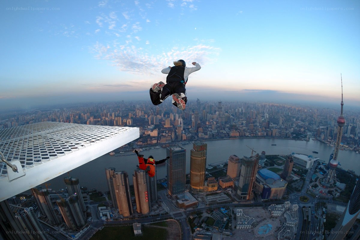 Skydivers over Shanghai city