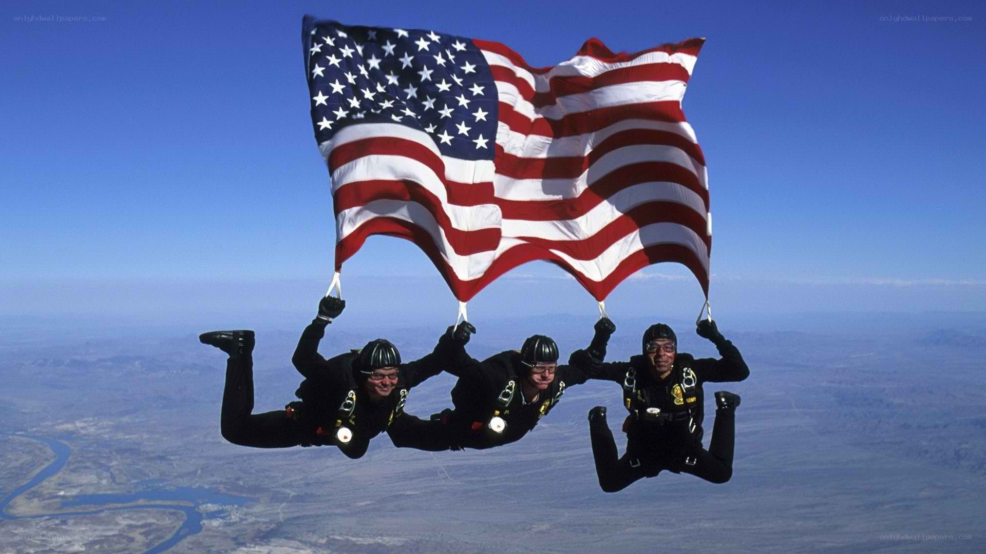 Skydivers with American flag