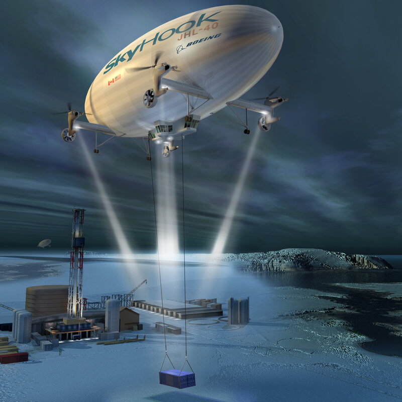 SkyHook airship delivering cargo