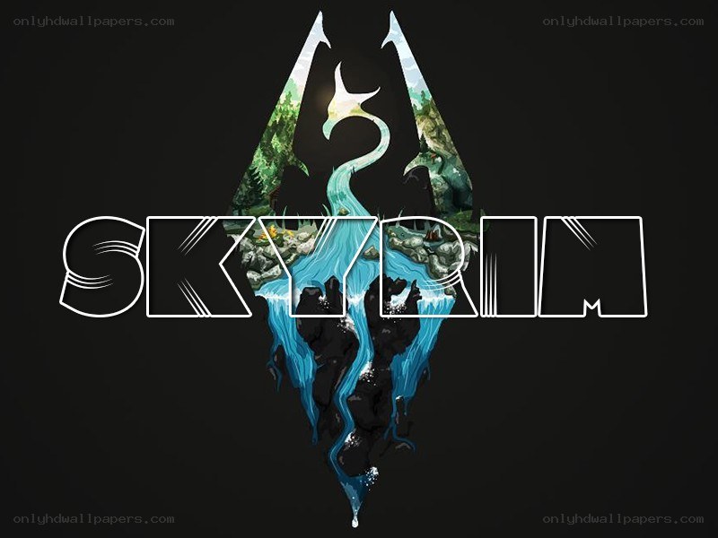 Skyrim logo with landscape art