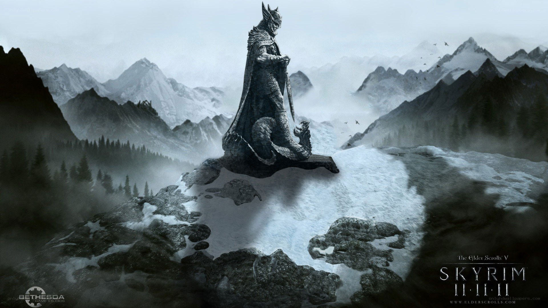 Skyrim statue in snowy mountains