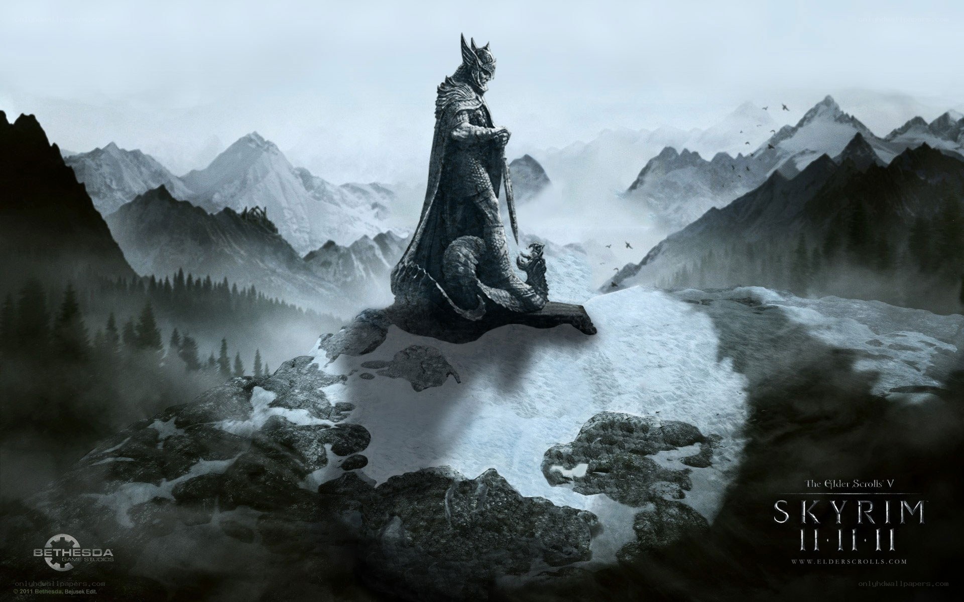 Skyrim statue in snowy mountains