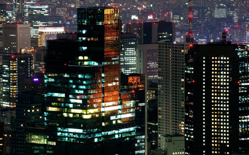 Skyscraper at Night — Black, Dramatic, Photograph, City