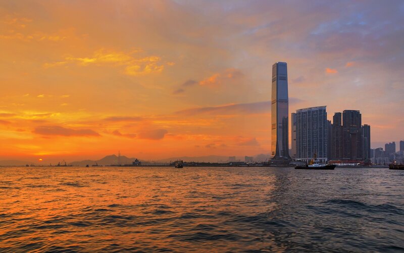Skyscraper at Sunset — Orange, Serene, Photograph