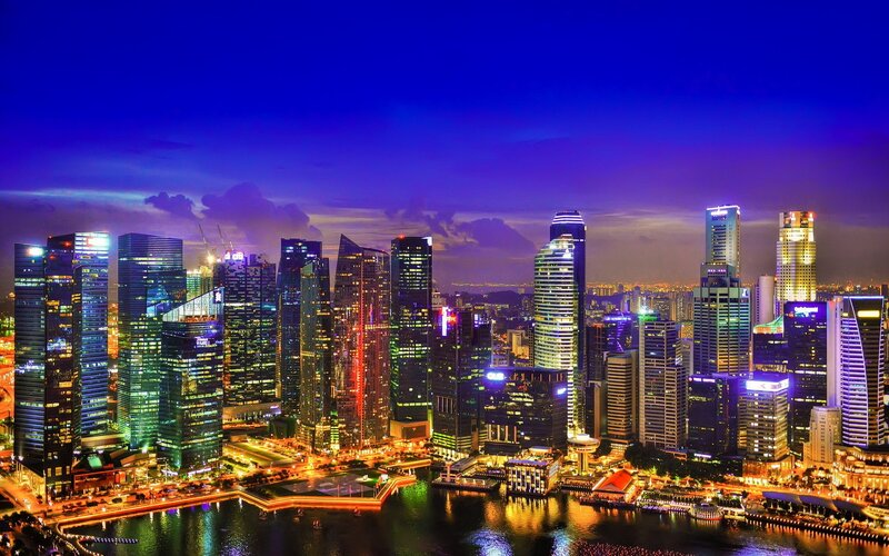 Skyscraper Skyline at Night — Blue, Dramatic, Photograph, City