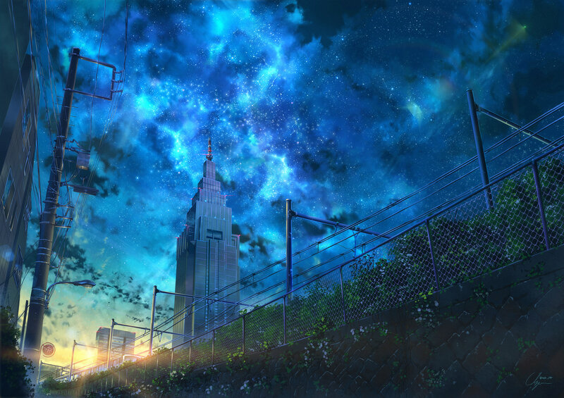 Skyscraper under Starry Sky — Blue