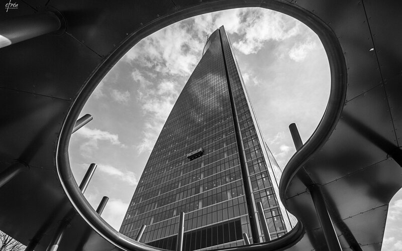 Skyscraper viewed through circular frame