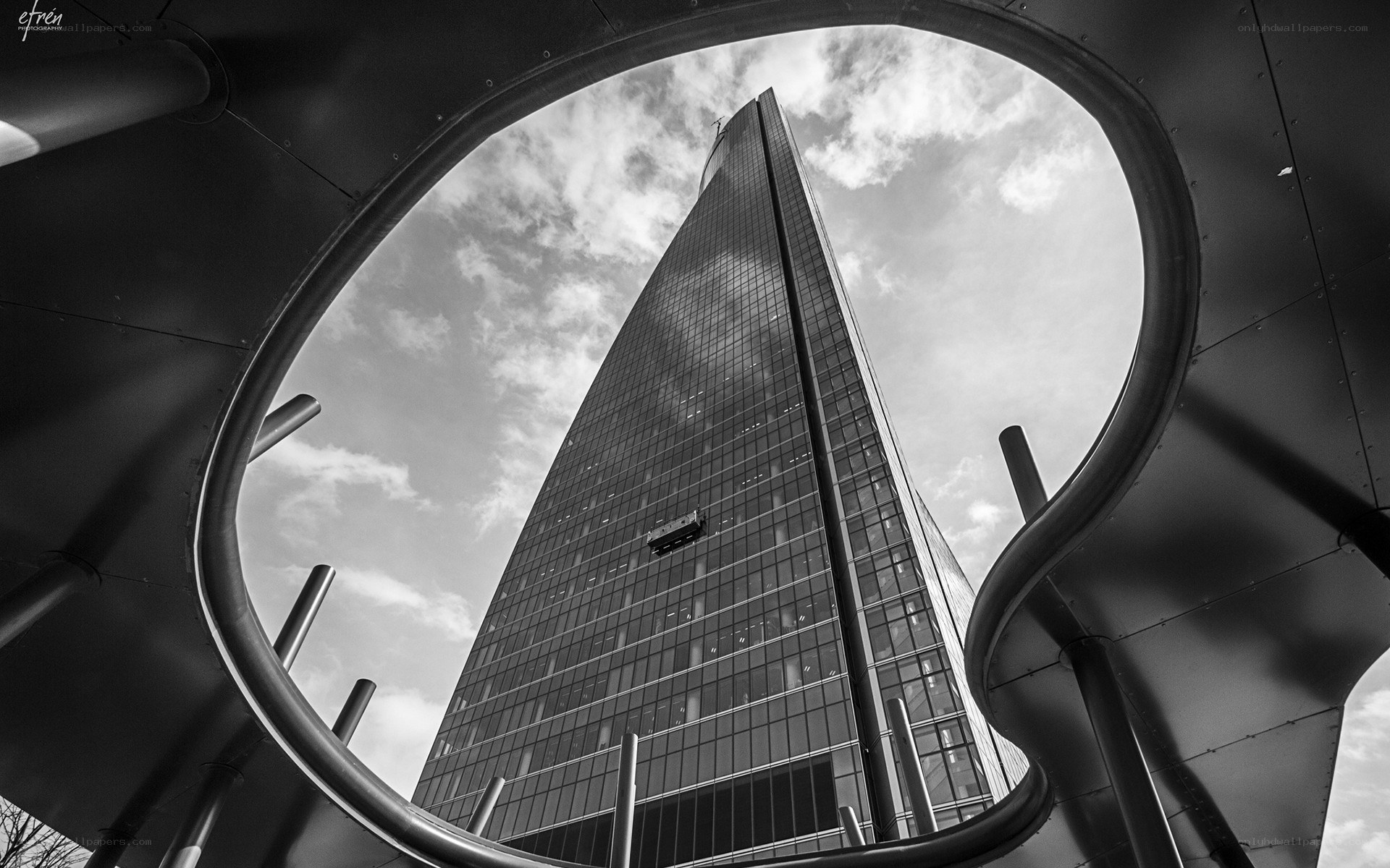 Skyscraper viewed through circular frame