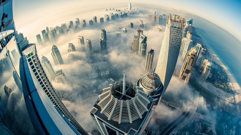 Skyscrapers Above Clouds — Blue, Dramatic, Morning, Photograph, Sea