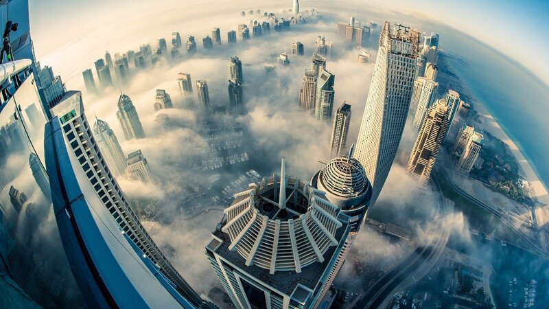 Skyscrapers Above Clouds — Blue, Dramatic, Morning