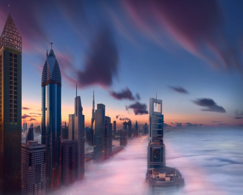 Skyscrapers Above Clouds — Blue, Dramatic, Sunset