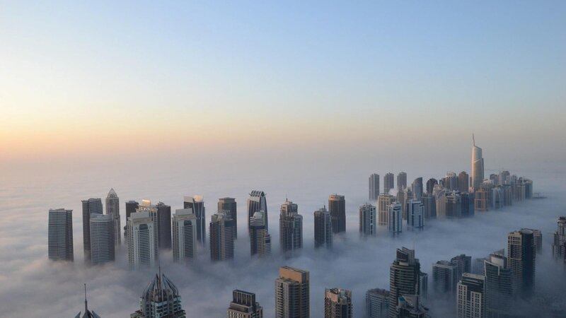 Skyscrapers Above Clouds — Blue, Serene, Morning, Photograph, City, Sky