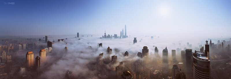 Skyscrapers Above Clouds — Blue, Serene, Morning, Photograph, City
