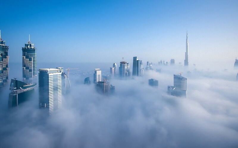 Skyscrapers Above Clouds — Blue, Serene, Morning, Photograph, Sky, White