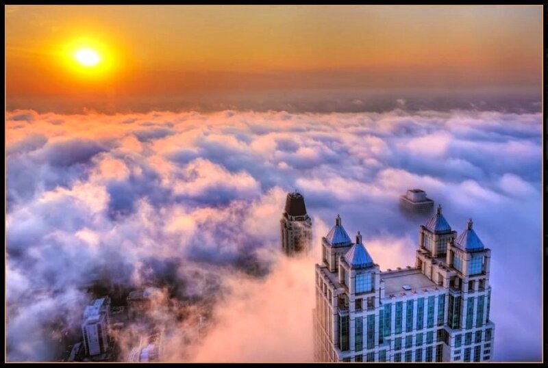 Skyscrapers Above Clouds — Orange, Dramatic